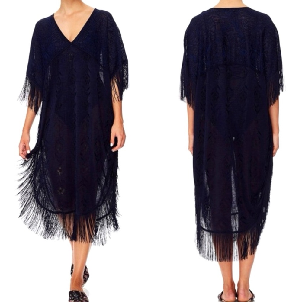 Camilla Fringed Navy V-neck Lagenlook Kaftan